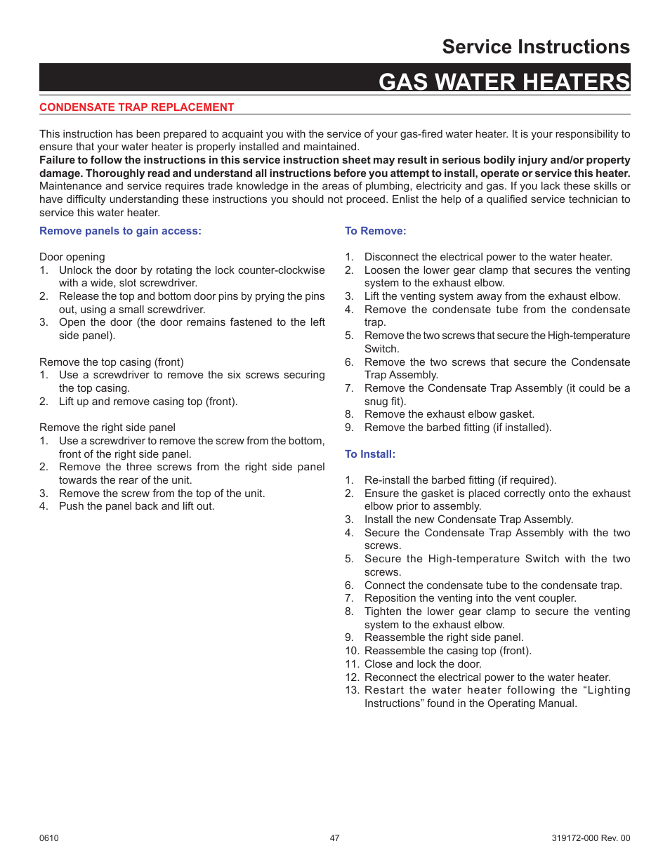 Gas water heaters, Service instructions | State GPH-90N User Manual | Page 47 / 63