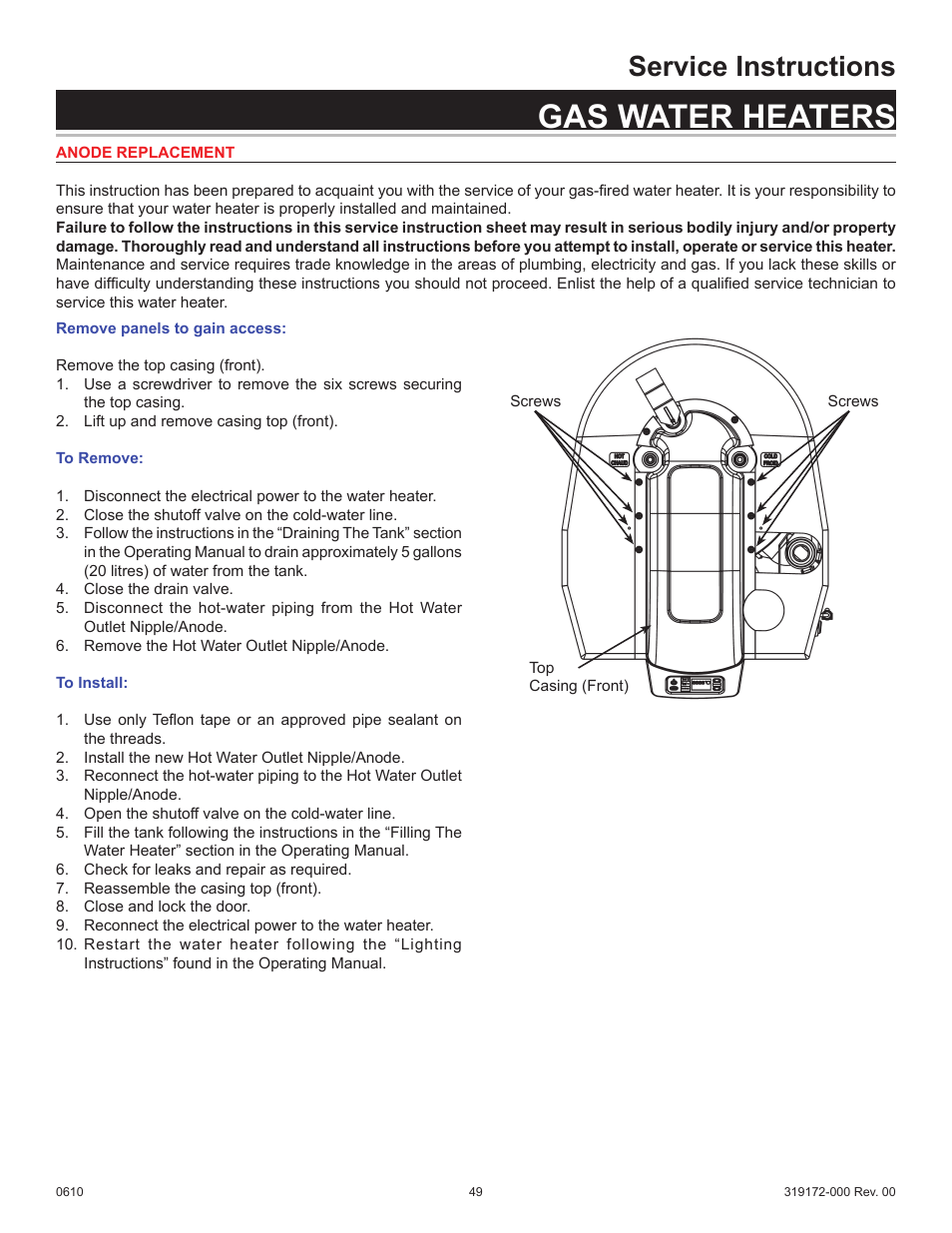 Gas water heaters, Service instructions | State GPH-90N User Manual | Page 49 / 63
