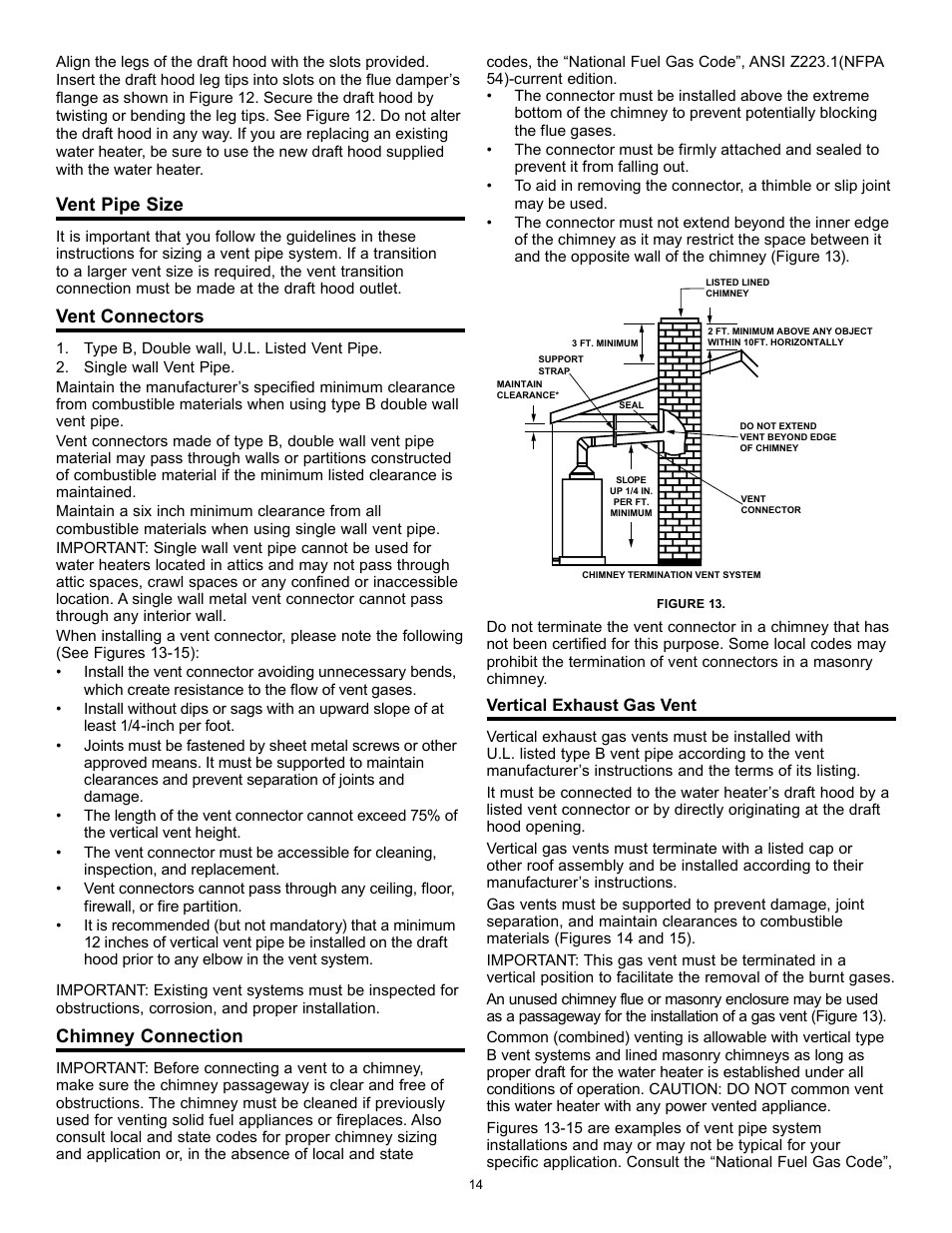 Vent pipe size, Vent connectors, Chimney connection | State GS6 40 YBFS User Manual | Page 14 / 40