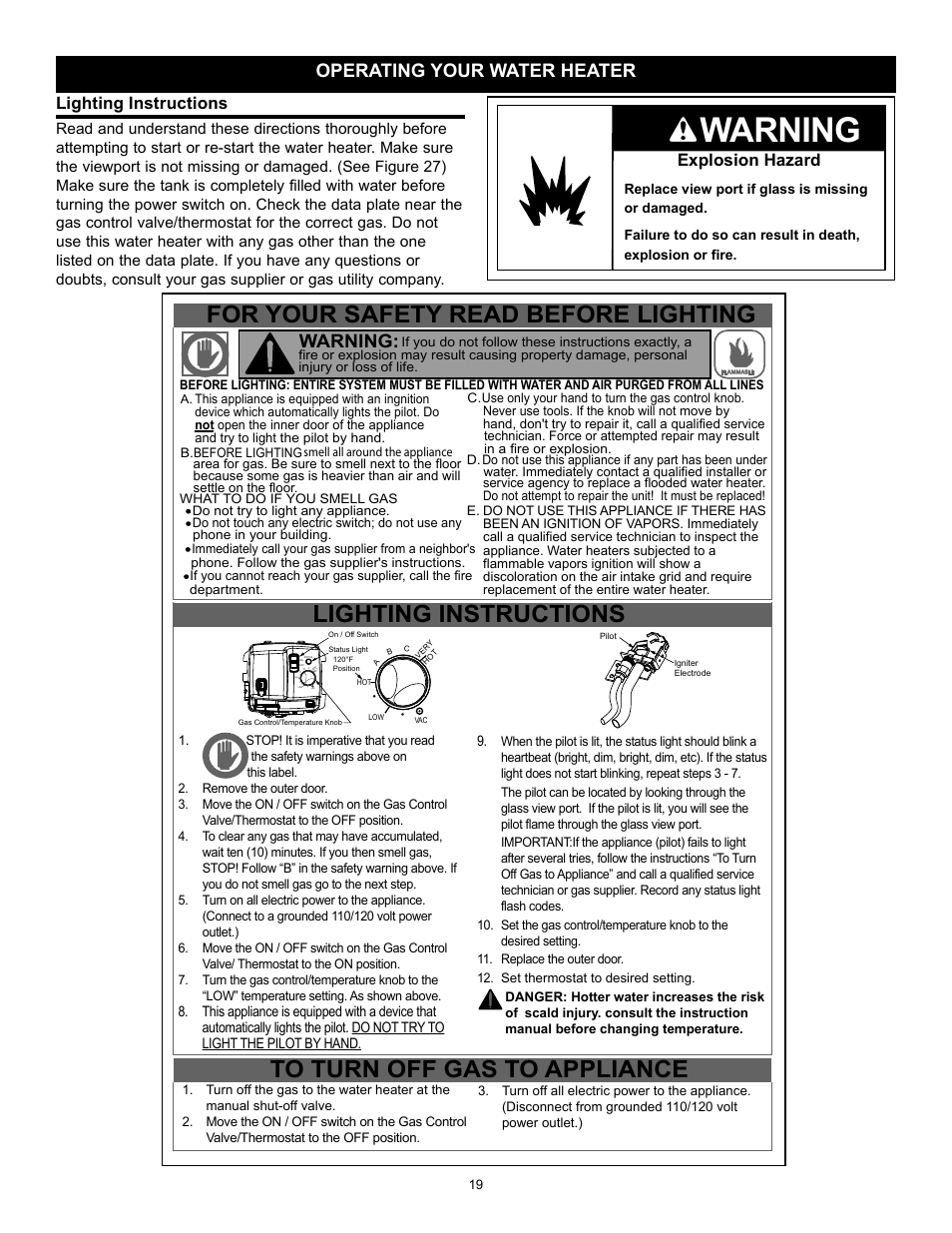 Warning, For your safety read before lighting, Lighting instructions to turn off gas to appliance | Operating your water heater, Explosion hazard, Lighting instructions | State GS6 40 YBFS User Manual | Page 19 / 40