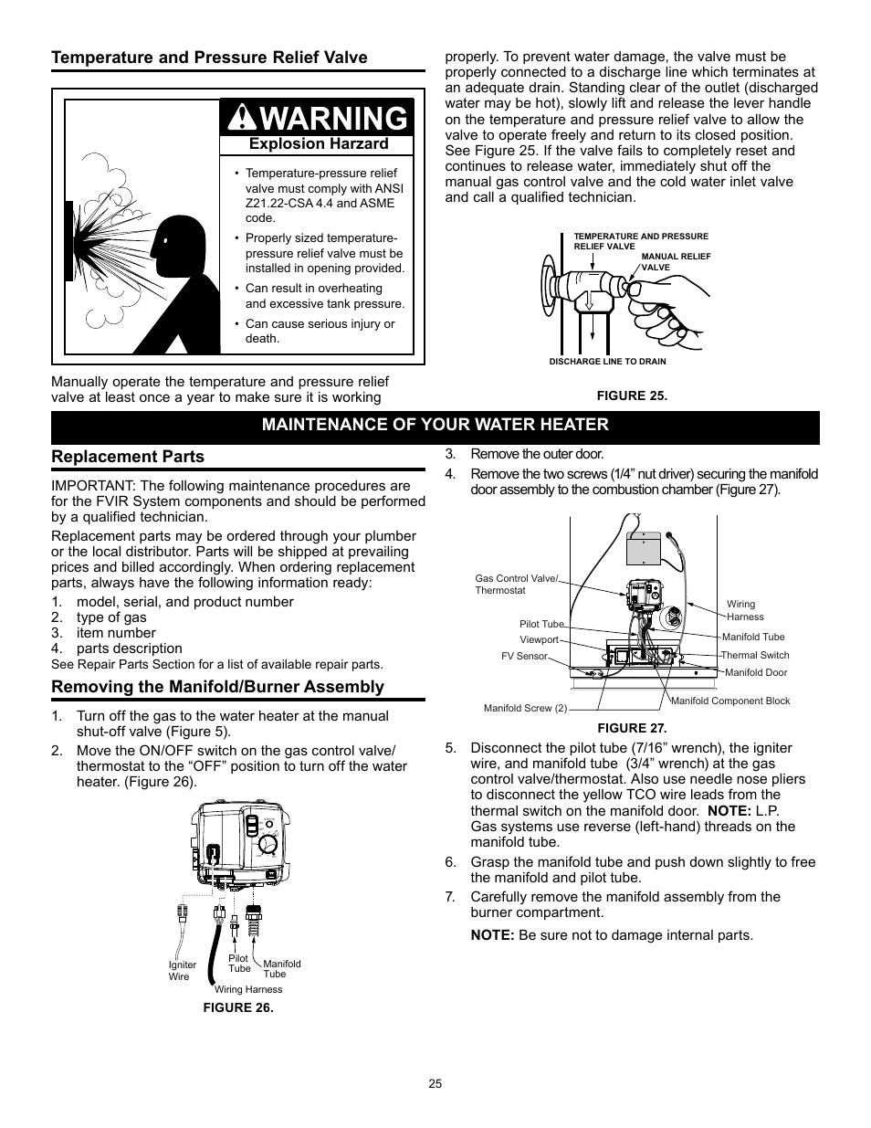 Replacement parts, Removing the manifold/burner assembly, Temperature and pressure relief valve | Maintenance of your water heater, Explosion harzard | State GS6 40 YBFS User Manual | Page 25 / 40