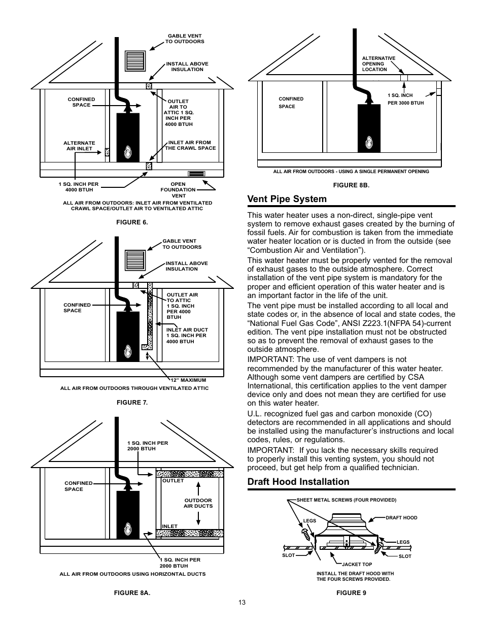 Vent pipe system, Draft hood installation | State Series 301 User Manual | Page 13 / 40