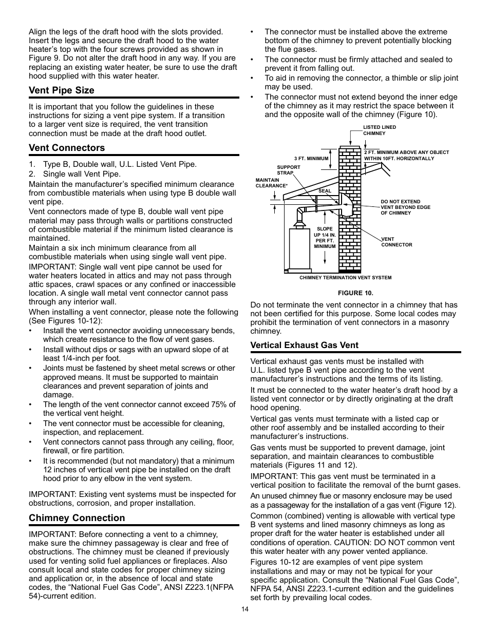 Vent pipe size, Vent connectors, Chimney connection | State Series 301 User Manual | Page 14 / 40