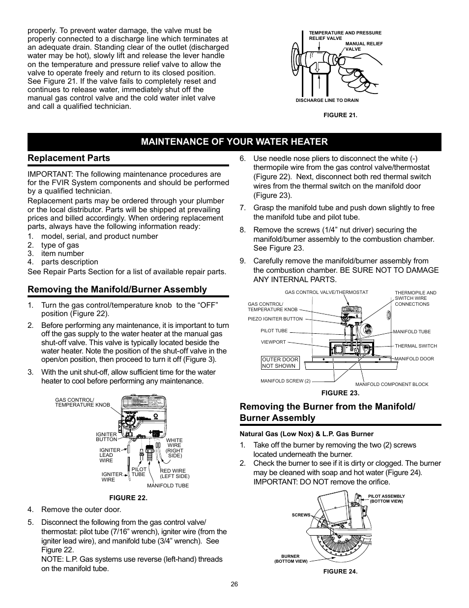 Replacement parts, Removing the manifold/burner assembly, Maintenance of your water heater | State Series 301 User Manual | Page 26 / 40