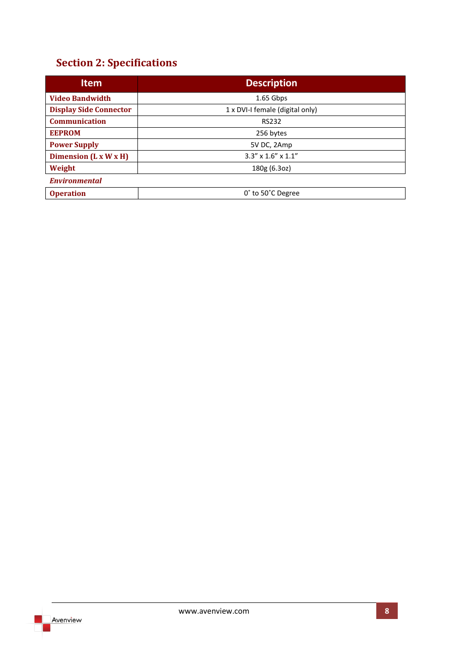 Section 2: specifications | Avenview EDID Reader / Writer C-EDID-RW User Manual | Page 11 / 12