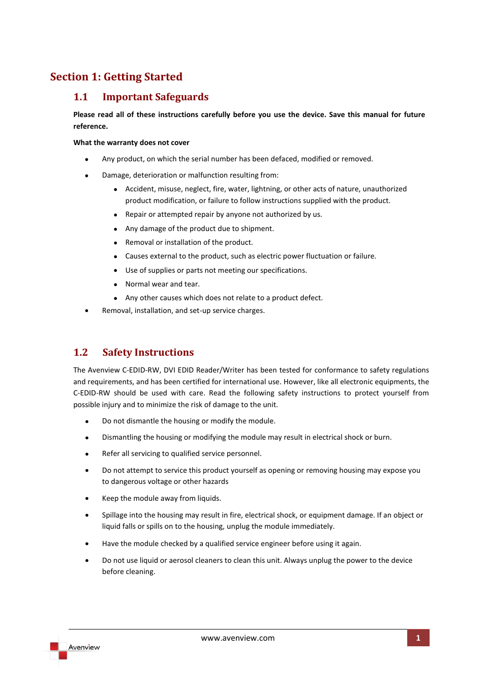 Section 1: getting started, Important safeguards, Safety instructions | 1 important safeguards, 2 safety instructions | Avenview EDID Reader / Writer C-EDID-RW User Manual | Page 4 / 12