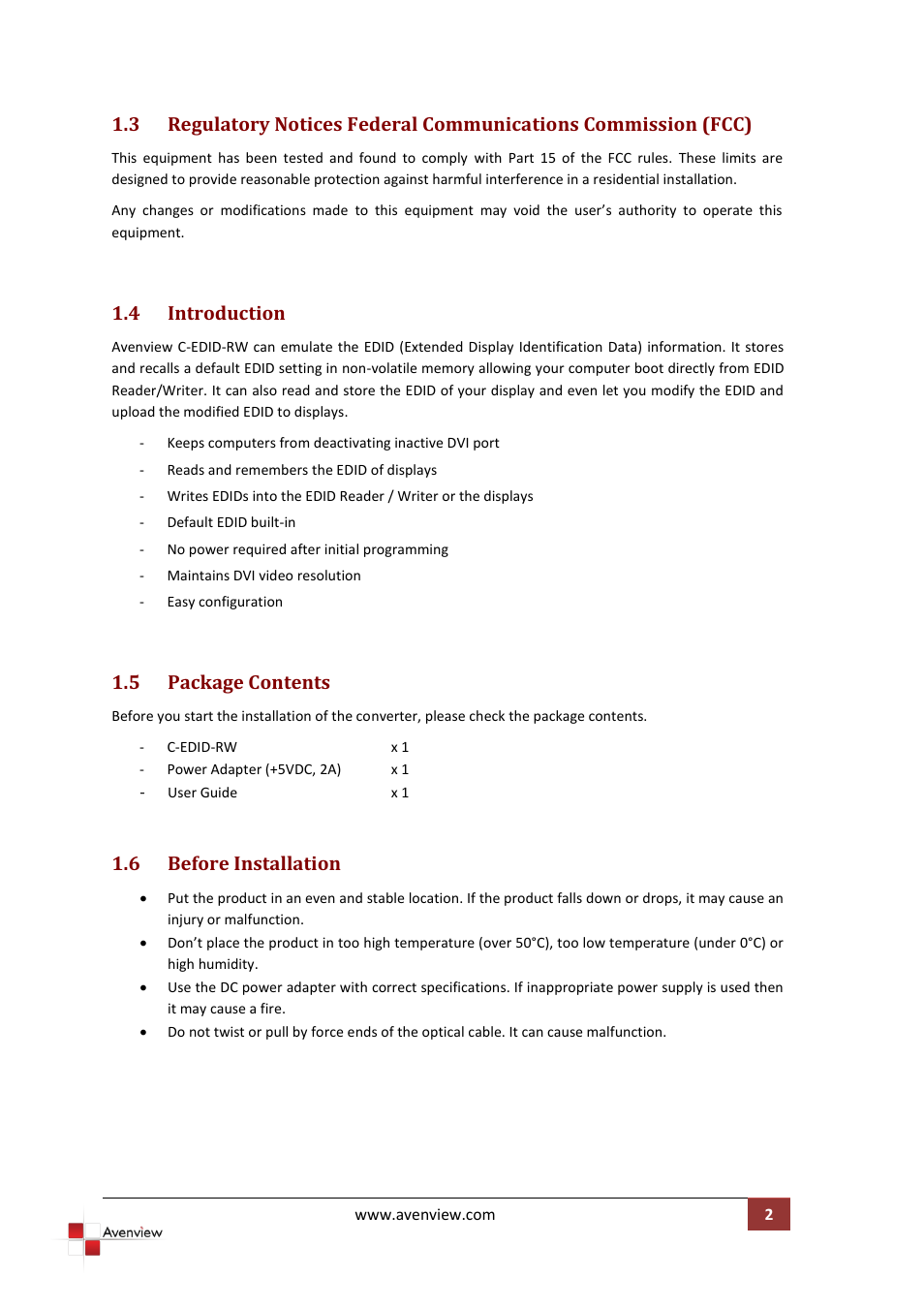 Introduction, Package contents, Before installation | 4 introduction, 5 package contents, 6 before installation | Avenview EDID Reader / Writer C-EDID-RW User Manual | Page 5 / 12