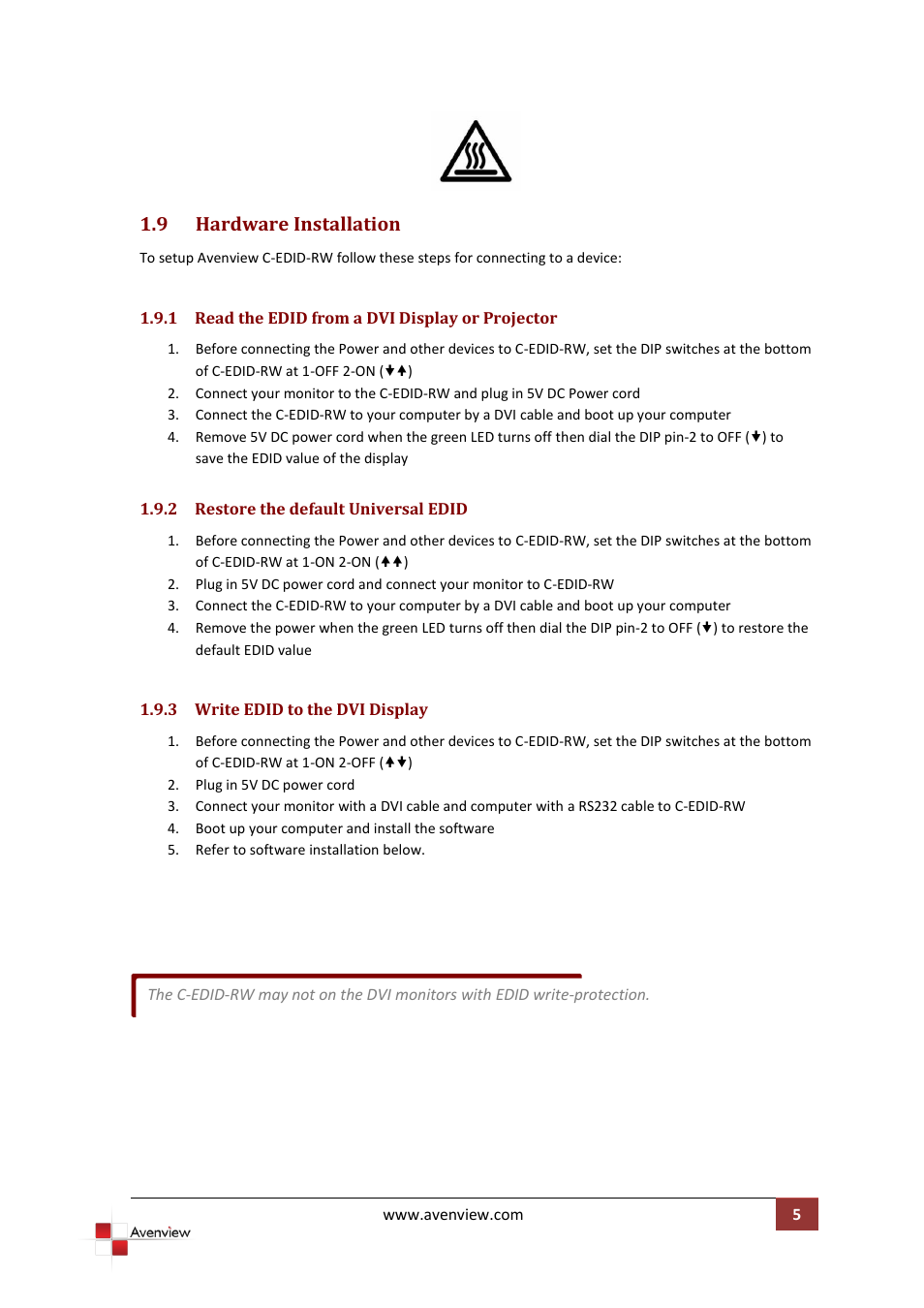 Hardware installation, 1 read the edid from a dvi display or projector, 2 restore the default universal edid | 3 write edid to the dvi display | Avenview EDID Reader / Writer C-EDID-RW User Manual | Page 8 / 12
