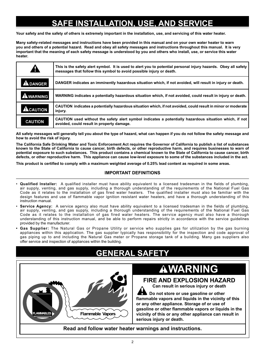 Warning, General safety safe installation, use, and service, Fire and explosion hazard | State GS6 75 YRPDT User Manual | Page 2 / 36