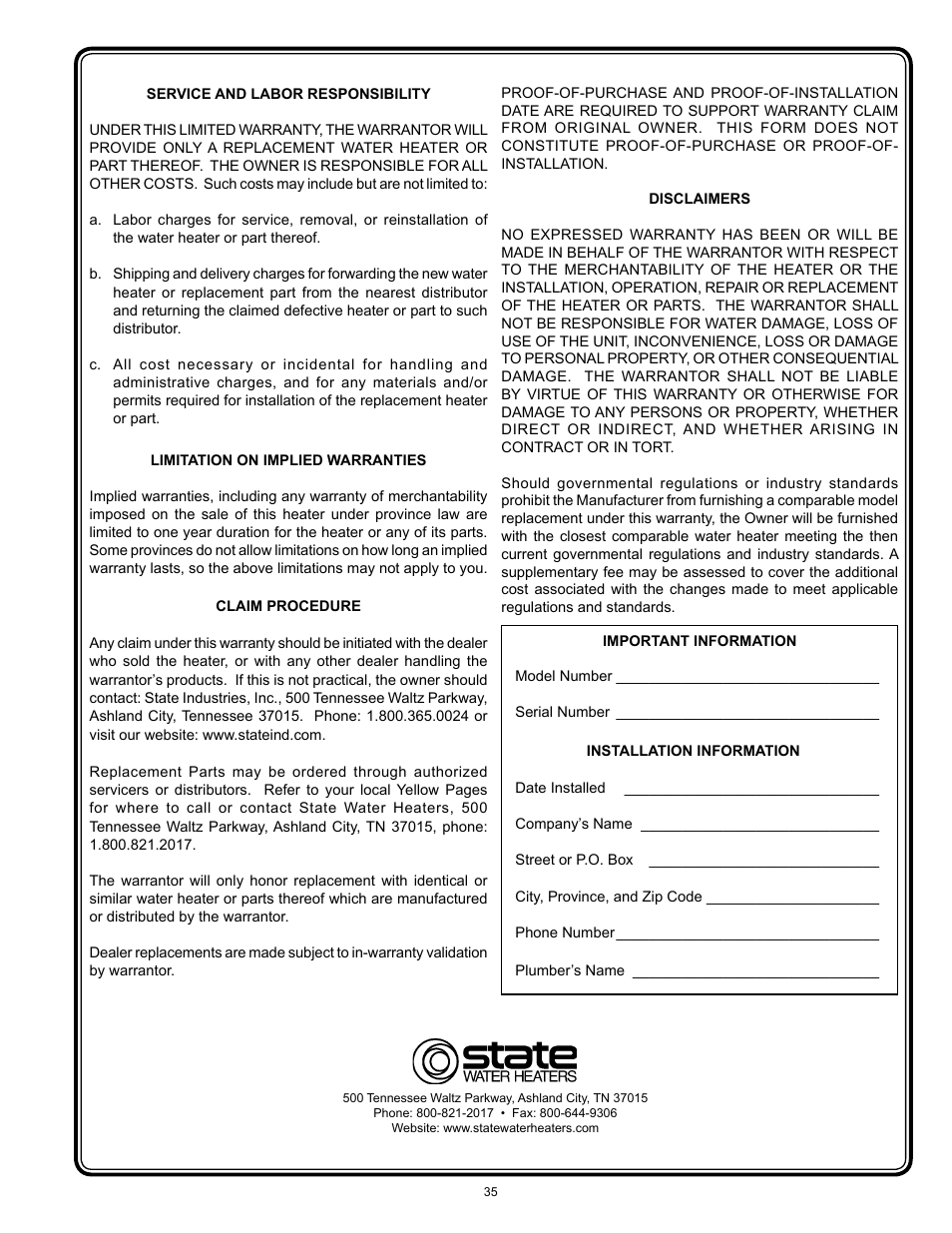 State GS6 75 YRPDT User Manual | Page 35 / 36