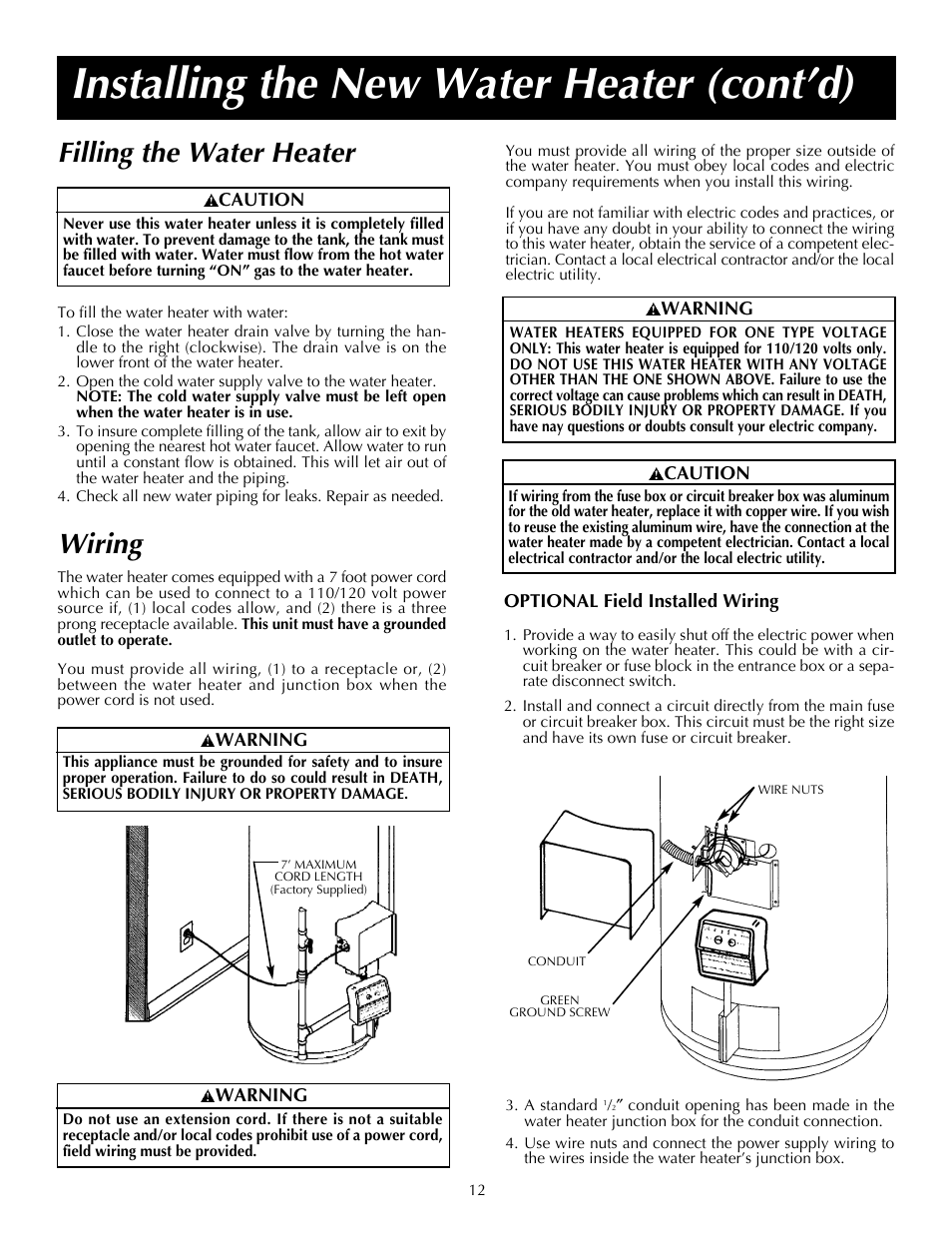 Installing the new water heater (cont’d), Filling the water heater, Wiring | State PR6 75 XRPDT User Manual | Page 12 / 36