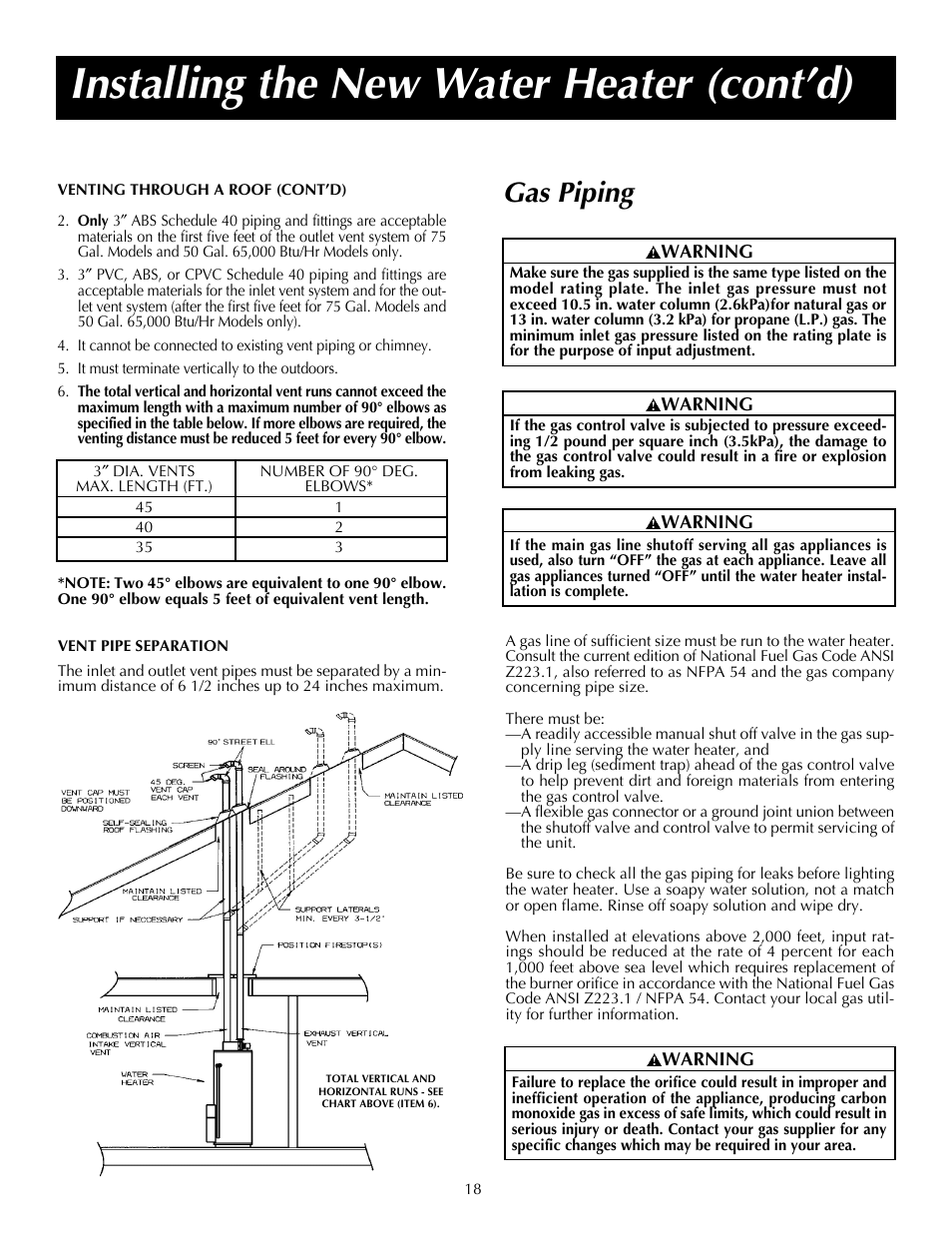 Installing the new water heater (cont’d), Gas piping | State PR6 75 XRPDT User Manual | Page 18 / 36