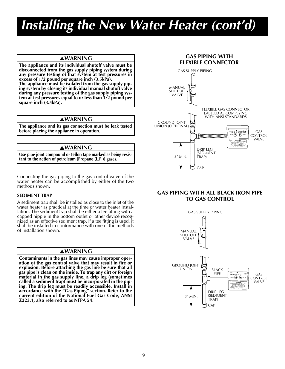 Installing the new water heater (cont’d), Warning | State PR6 75 XRPDT User Manual | Page 19 / 36