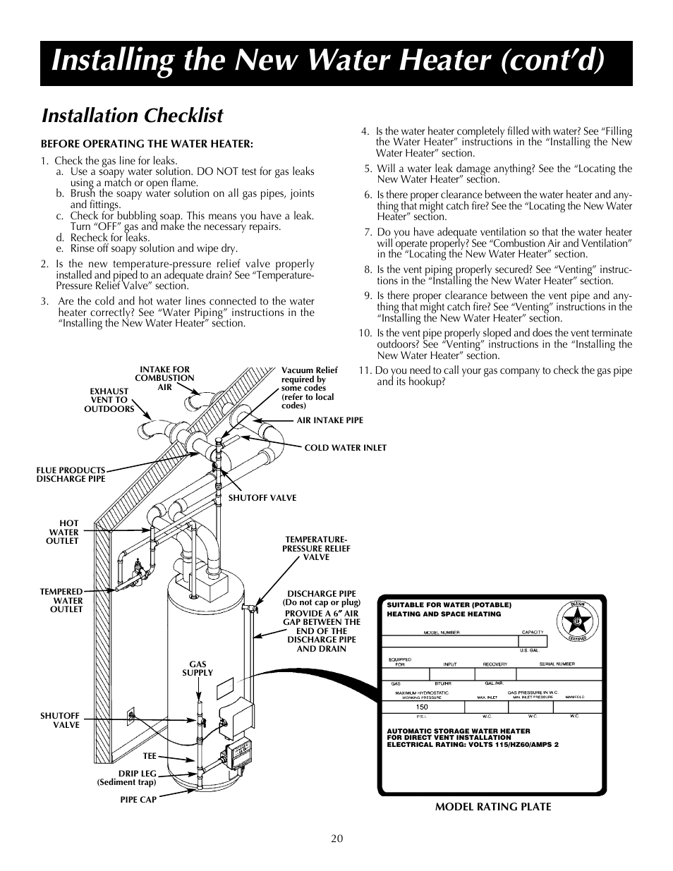 Installing the new water heater (cont’d), Installation checklist | State PR6 75 XRPDT User Manual | Page 20 / 36
