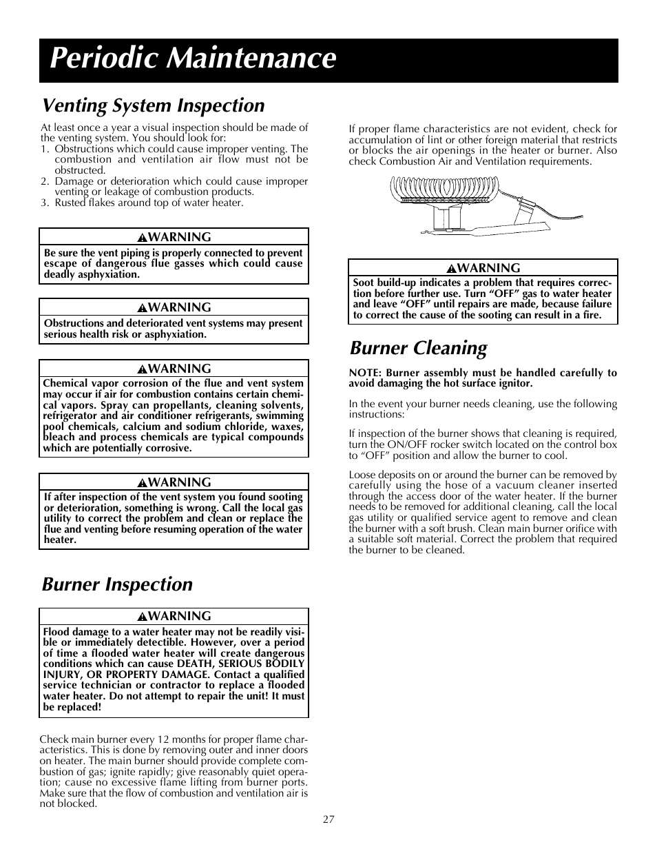 Periodic maintenance, Venting system inspection, Burner inspection | Burner cleaning | State PR6 75 XRPDT User Manual | Page 27 / 36