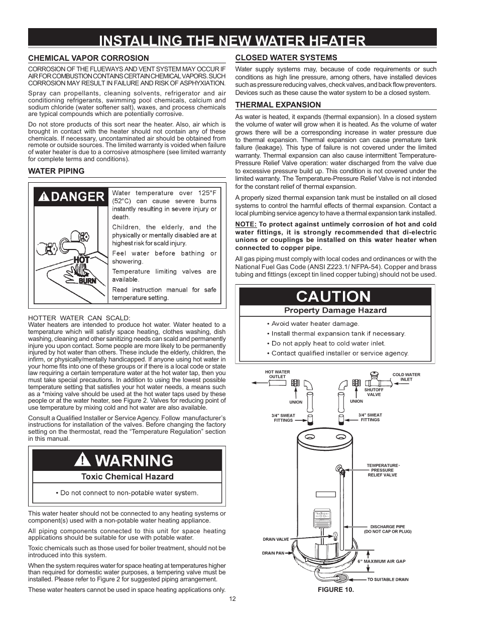 Installing the new water heater, Chemical vapor corrosion, Water piping | Closed water systems, Thermal expansion | State GS6 75 YRVIT User Manual | Page 12 / 36