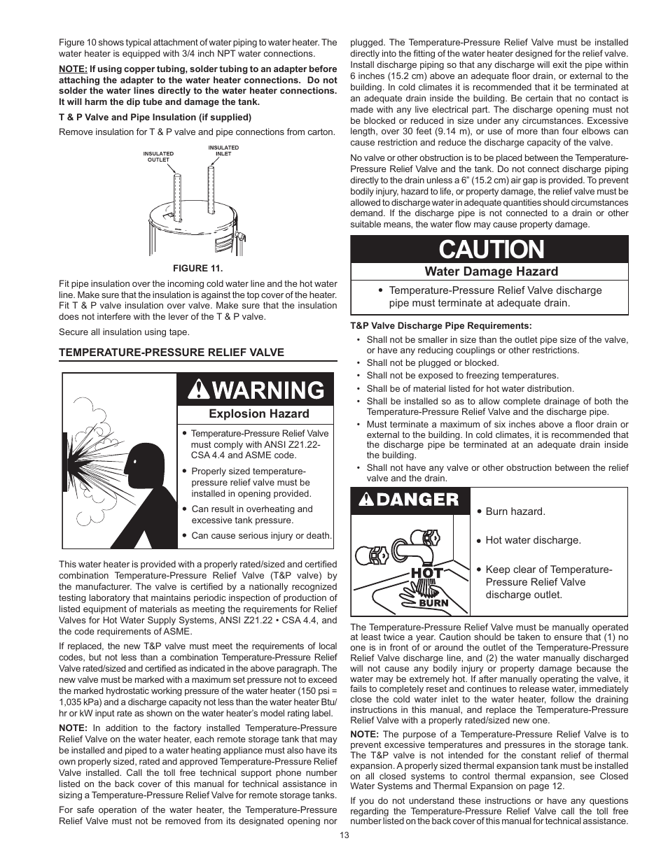 Temperature-pressure relief valve, Caution, Water damage hazard | Explosion hazard | State GS6 75 YRVIT User Manual | Page 13 / 36