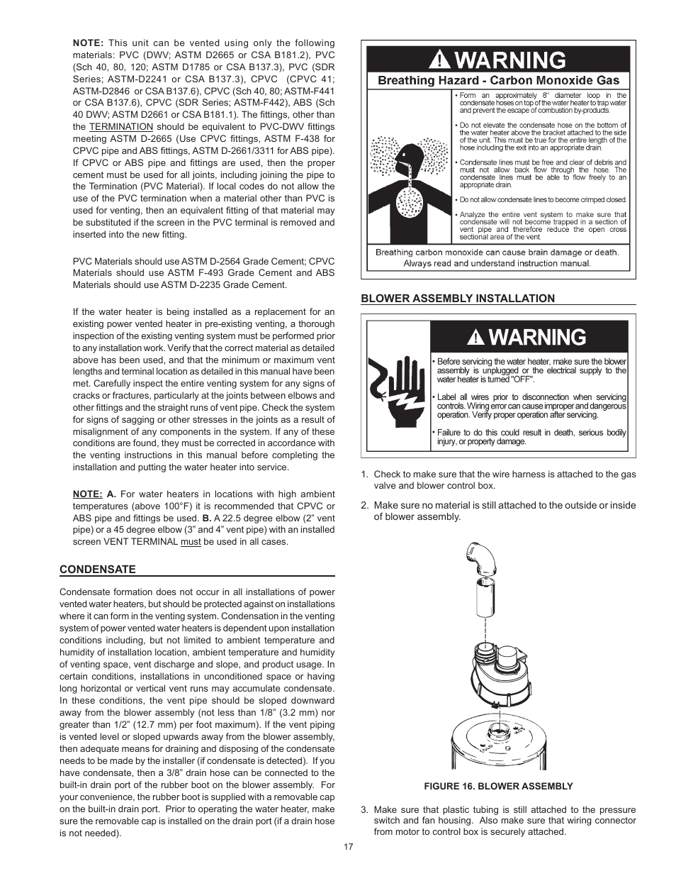 Condensate, Blower assembly installation | State GS6 75 YRVIT User Manual | Page 17 / 36