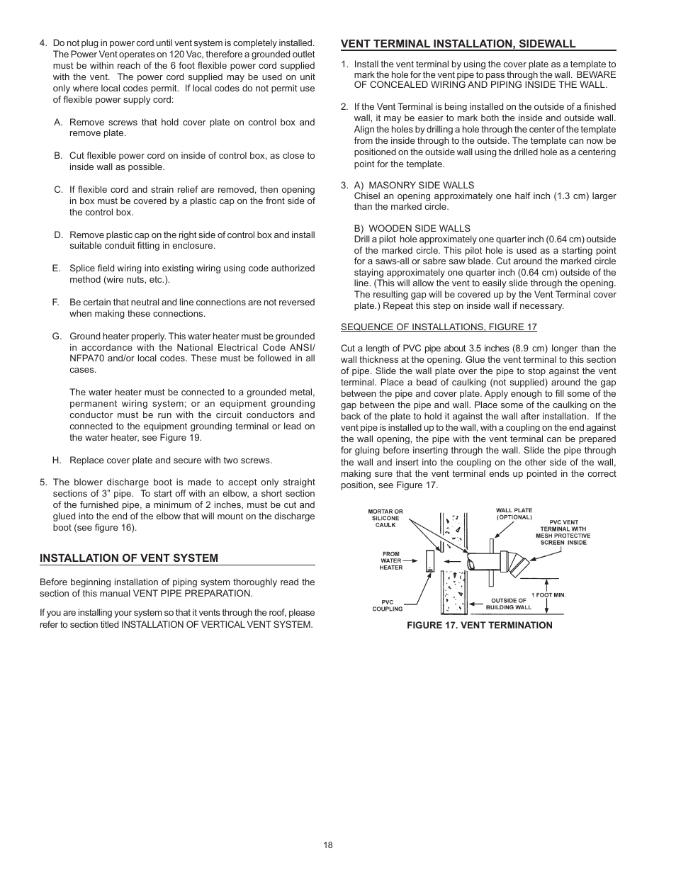 Installation of vent system, Vent terminal installation, sidewall | State GS6 75 YRVIT User Manual | Page 18 / 36
