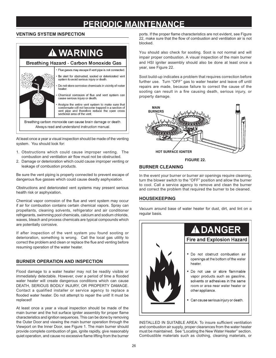 Periodic maintenance, Venting system inspection, Burner operation and inspection | Burner cleaning, Housekeeping | State GS6 75 YRVIT User Manual | Page 26 / 36
