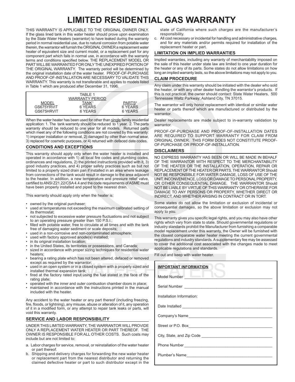 Limited residential gas warranty | State GS6 75 YRVIT User Manual | Page 35 / 36