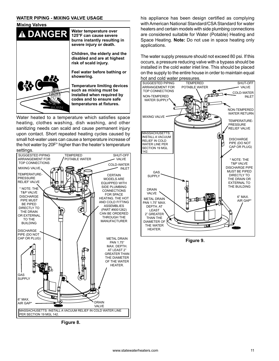 Danger, Water piping - mixing valve usage mixing valves, Figure 9 | State GS6 75 YRVHTL User Manual | Page 11 / 60