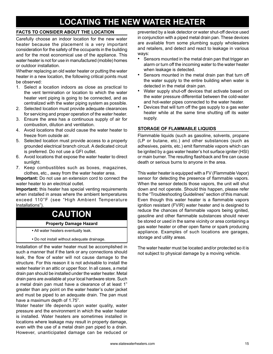 Caution, Locating the new water heater | State GS6 75 YRVHTL User Manual | Page 15 / 60