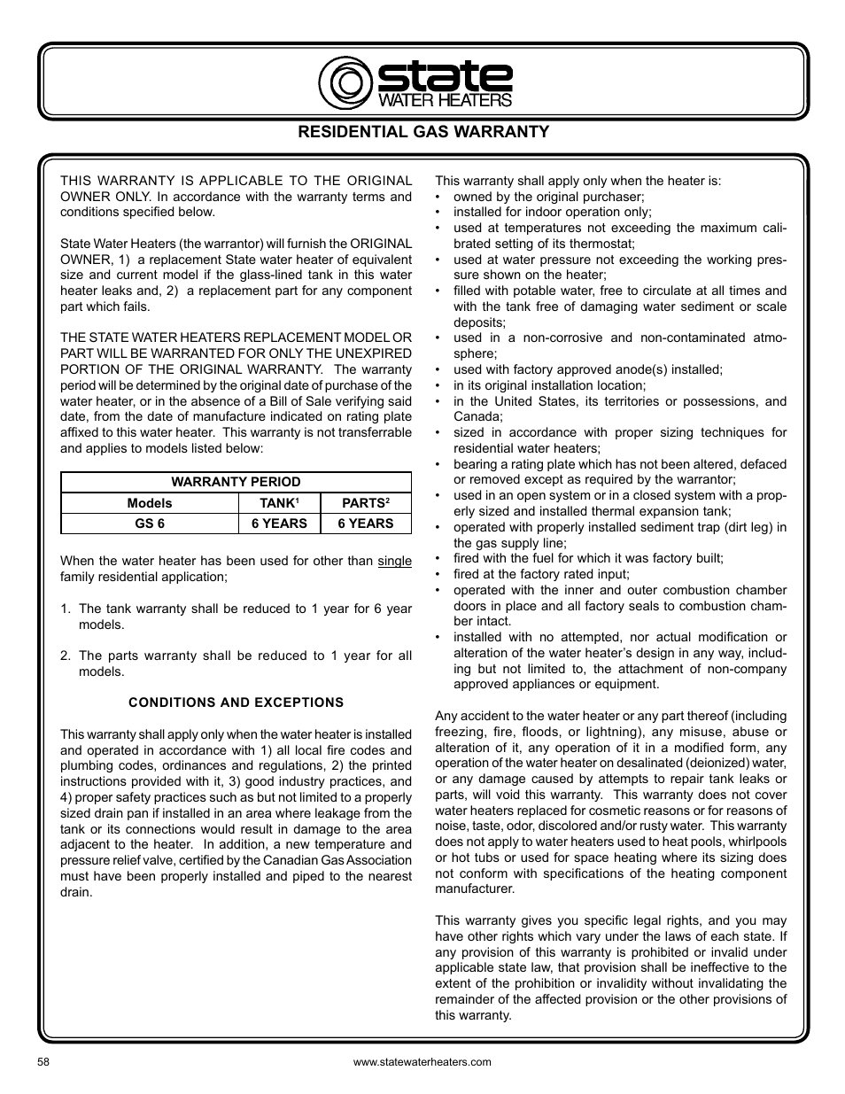 Limited warranty | State GS6 75 YRVHTL User Manual | Page 58 / 60