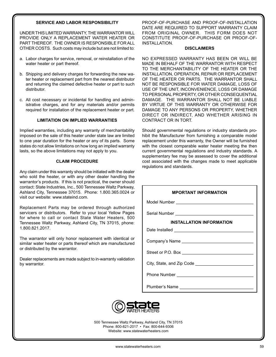 State GS6 75 YRVHTL User Manual | Page 59 / 60