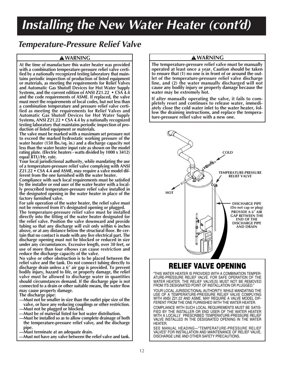 Installing the new water heater (cont’d), Temperature-pressure relief valve, Relief valve opening | State PR6 75 XRVIT User Manual | Page 12 / 40