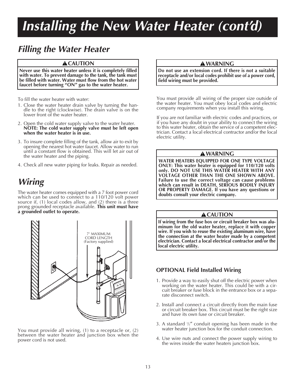 Installing the new water heater (cont’d), Filling the water heater, Wiring | State PR6 75 XRVIT User Manual | Page 13 / 40