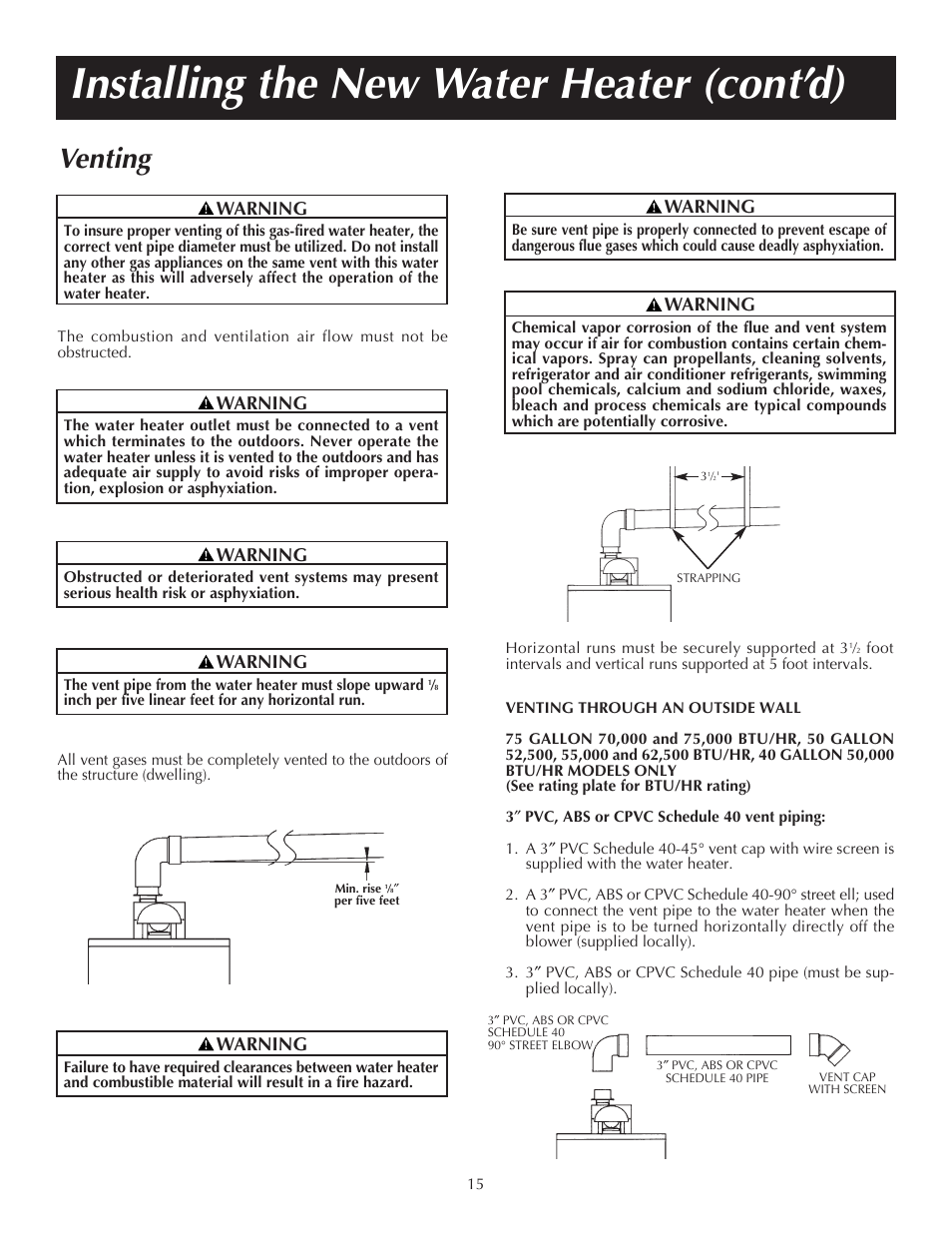 Installing the new water heater (cont’d), Venting, Warning | State PR6 75 XRVIT User Manual | Page 15 / 40