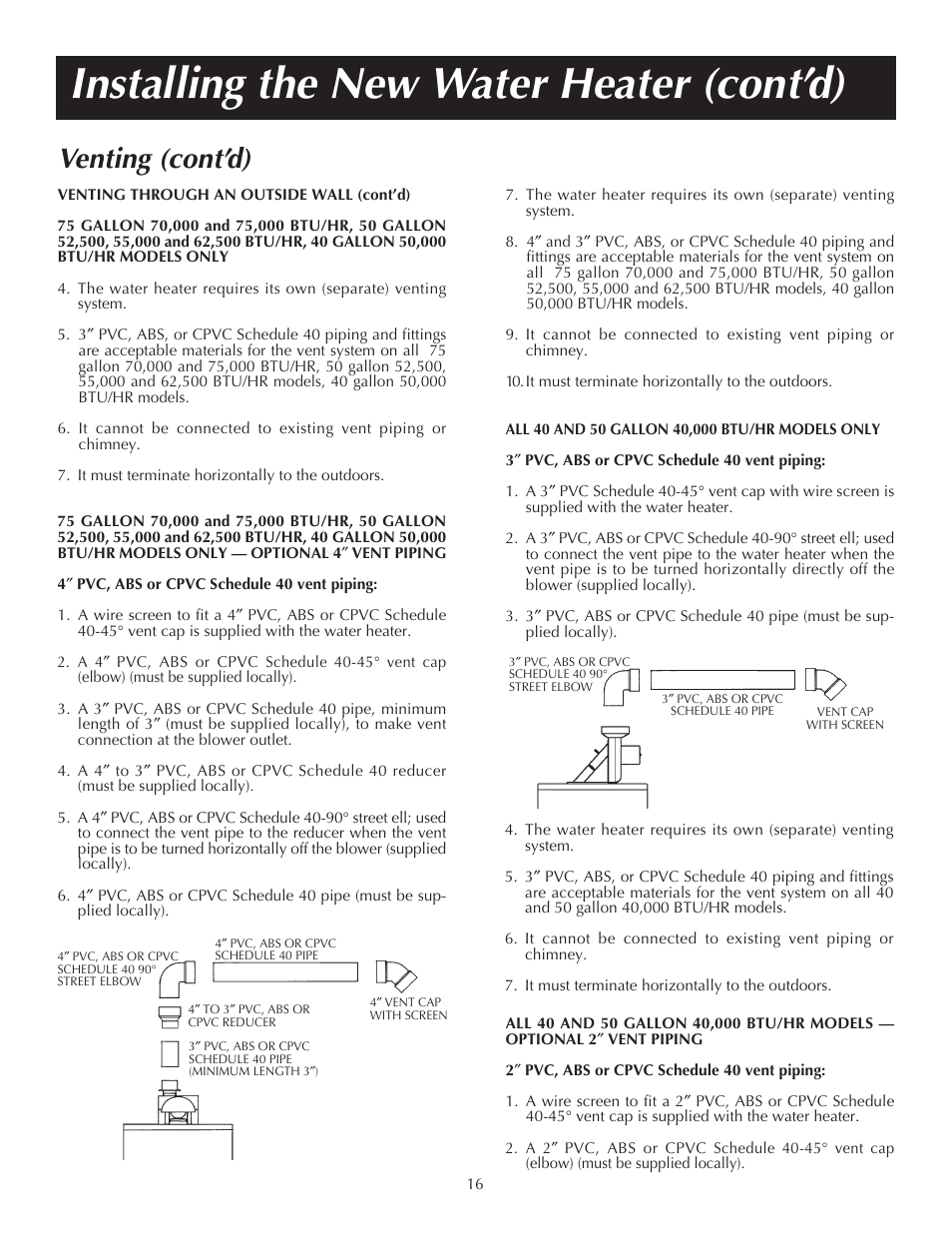Installing the new water heater (cont’d), Venting (cont’d) | State PR6 75 XRVIT User Manual | Page 16 / 40