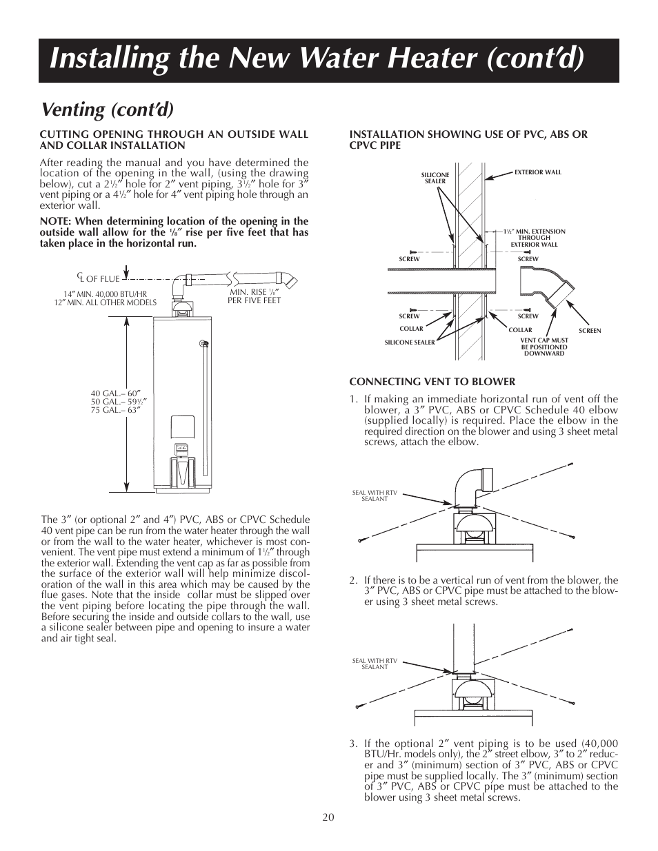 Installing the new water heater (cont’d), Venting (cont’d) | State PR6 75 XRVIT User Manual | Page 20 / 40