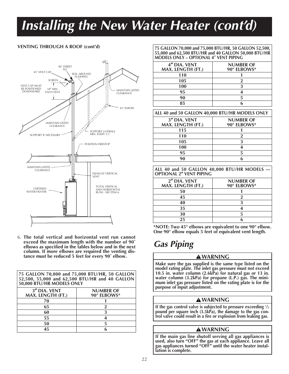 Installing the new water heater (cont’d), Gas piping, Warning | State PR6 75 XRVIT User Manual | Page 22 / 40