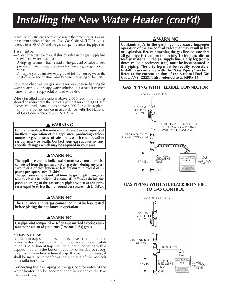 Installing the new water heater (cont’d), Warning | State PR6 75 XRVIT User Manual | Page 23 / 40