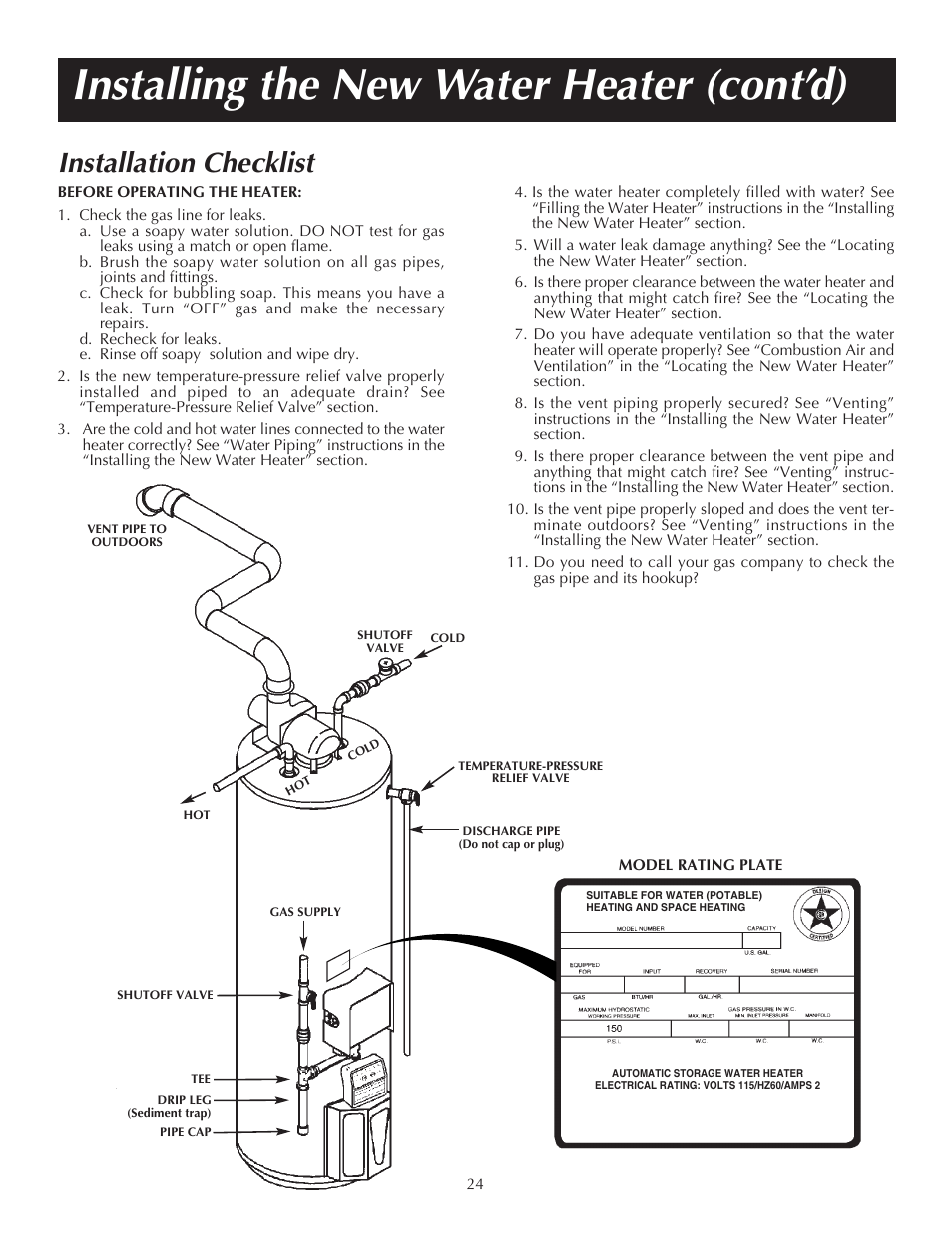 Installing the new water heater (cont’d), Installation checklist | State PR6 75 XRVIT User Manual | Page 24 / 40