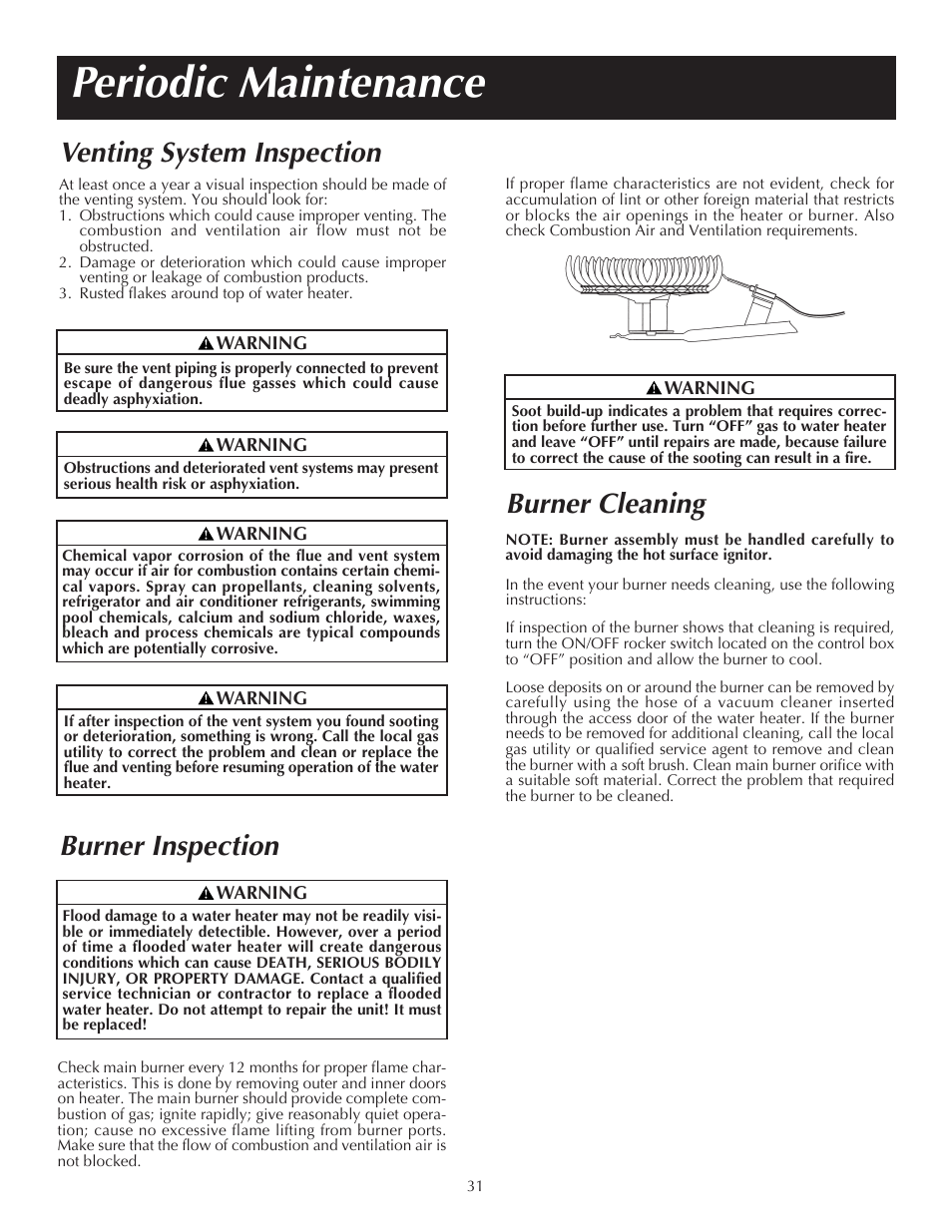 Periodic maintenance, Venting system inspection, Burner inspection | Burner cleaning | State PR6 75 XRVIT User Manual | Page 31 / 40