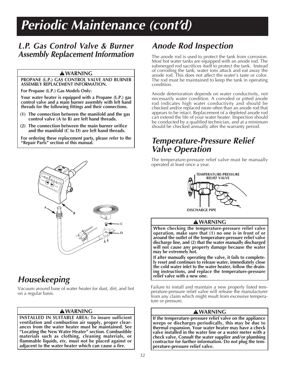Periodic maintenance (cont’d), Temperature-pressure relief valve operation, Housekeeping | Anode rod inspection | State PR6 75 XRVIT User Manual | Page 32 / 40