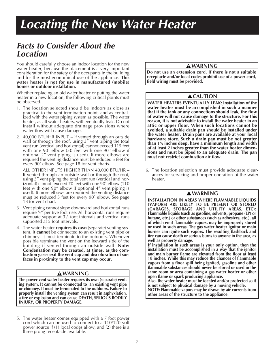 Locating the new water heater, Facts to consider about the location | State PR6 75 XRVIT User Manual | Page 7 / 40