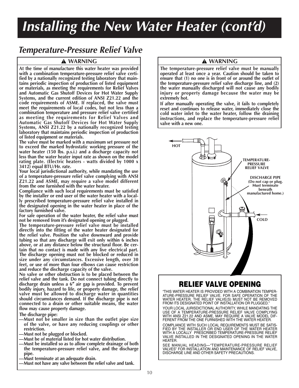 Installing the new water heater (cont’d), Temperature-pressure relief valve, Relief valve opening | State PRG 40 NOMT User Manual | Page 10 / 24