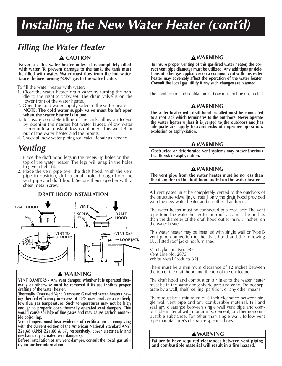 Installing the new water heater (cont’d), Filling the water heater, Venting | State PRG 40 NOMT User Manual | Page 11 / 24