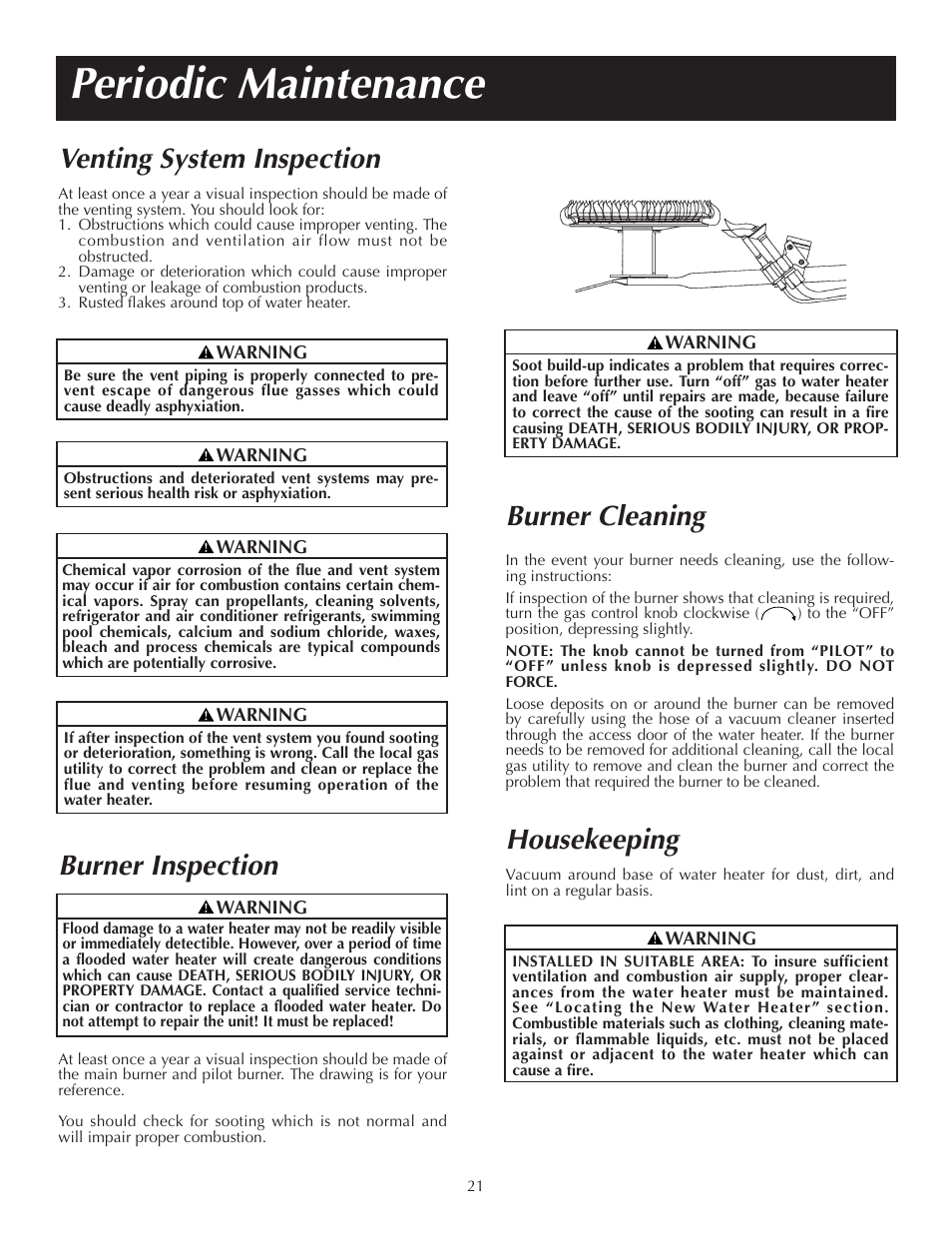 Periodic maintenance, Burner cleaning, Housekeeping | Burner inspection, Venting system inspection | State PRG 40 NOMT User Manual | Page 21 / 24