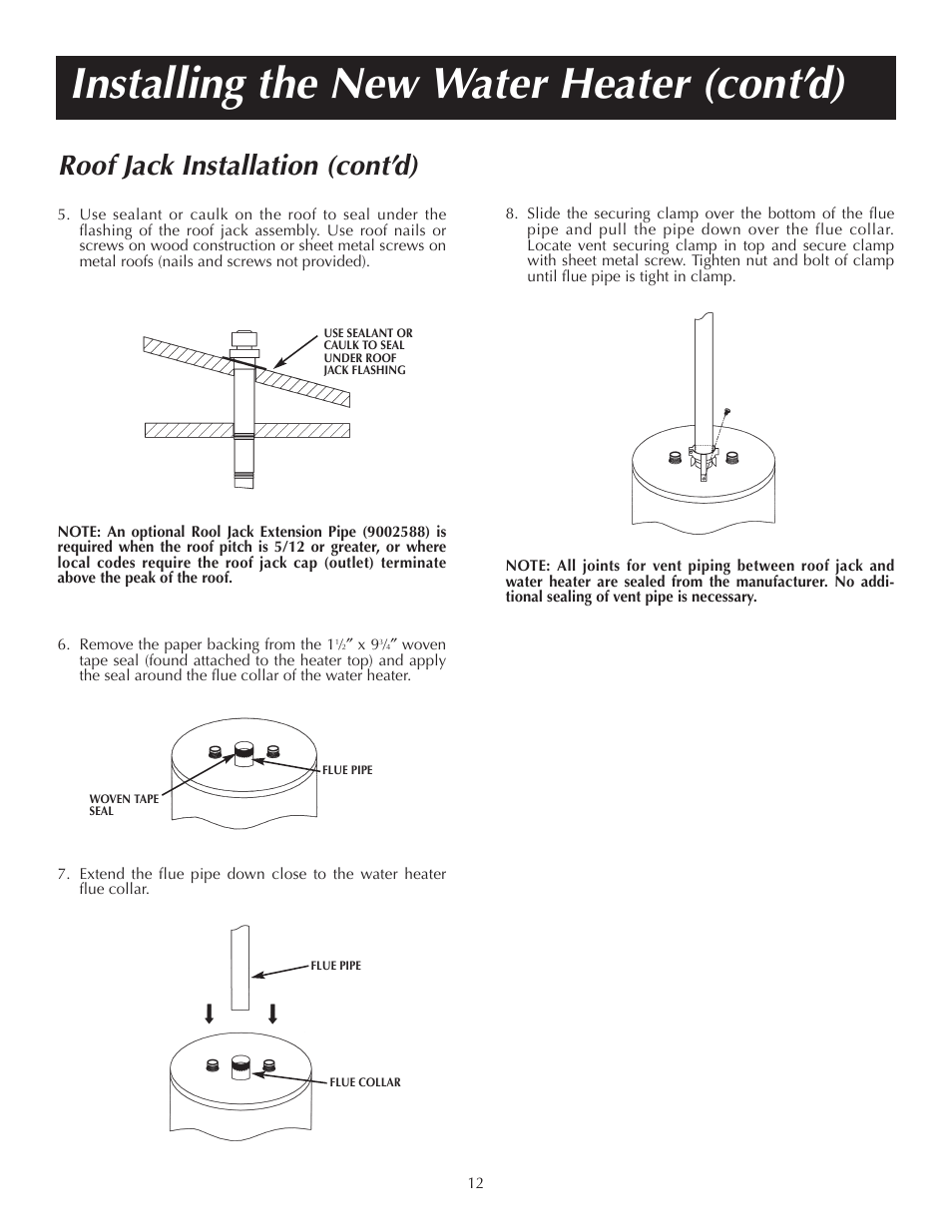 Installing the new water heater (cont’d), Roof jack installation (cont’d) | State PR6 40 NHDST2 User Manual | Page 12 / 32