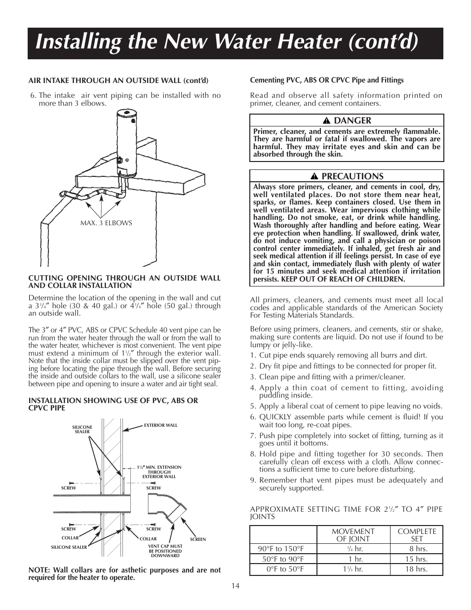 Installing the new water heater (cont’d), Danger, Precautions | State PR6 40 NHDST2 User Manual | Page 14 / 32