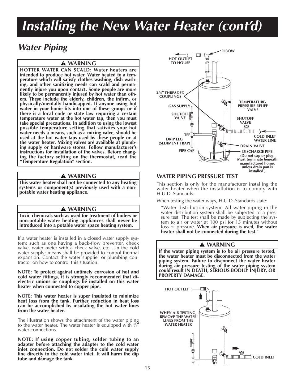 Installing the new water heater (cont’d), Water piping, Water piping pressure test | Warning | State PR6 40 NHDST2 User Manual | Page 15 / 32