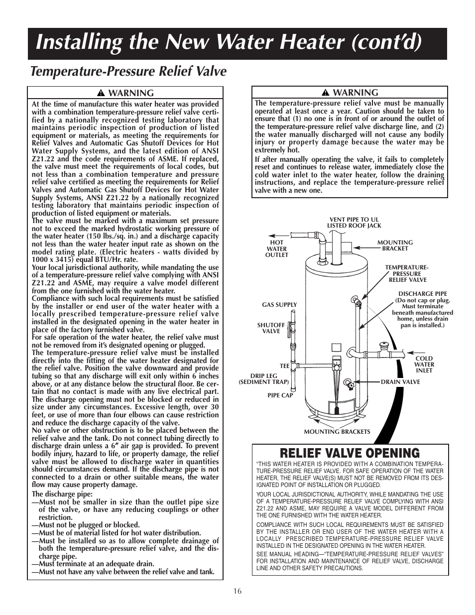 Installing the new water heater (cont’d), Temperature-pressure relief valve, Relief valve opening | State PR6 40 NHDST2 User Manual | Page 16 / 32