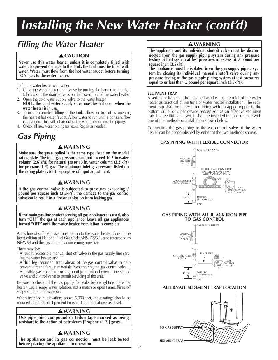 Installing the new water heater (cont’d), Gas piping filling the water heater, Caution | Warning | State PR6 40 NHDST2 User Manual | Page 17 / 32