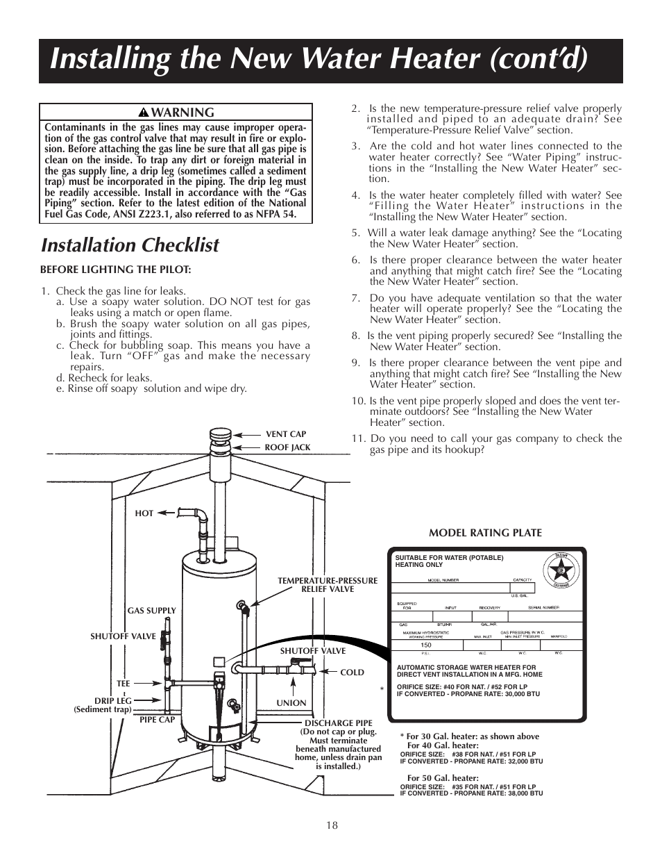 Installing the new water heater (cont’d), Installation checklist, Warning | State PR6 40 NHDST2 User Manual | Page 18 / 32