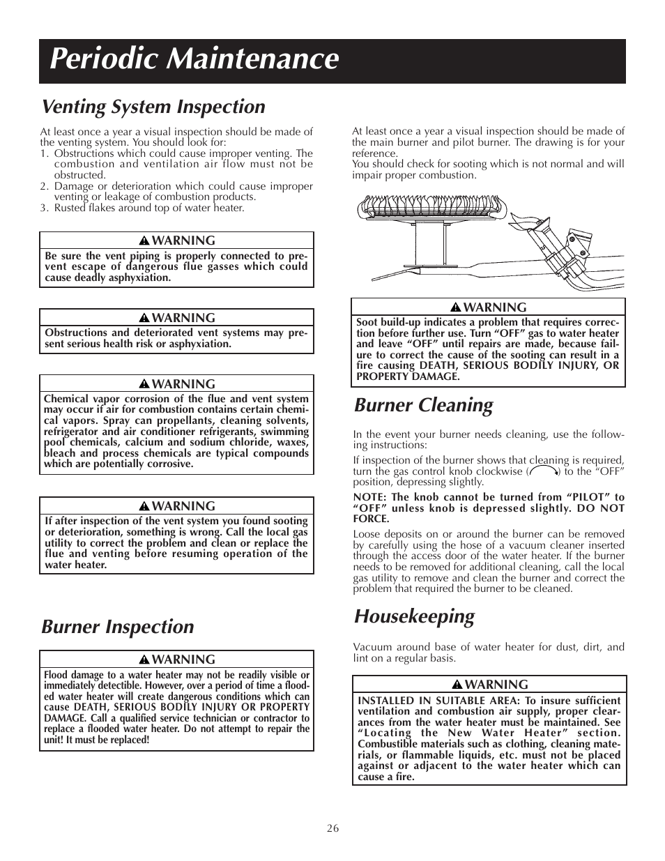 Periodic maintenance, Burner cleaning, Housekeeping | Venting system inspection, Burner inspection | State PR6 40 NHDST2 User Manual | Page 26 / 32